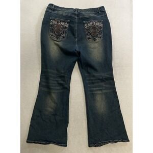 Grunge Punk Floral & Alphabet Embroidery Flare Women's 2XL Blue Denim Stretch